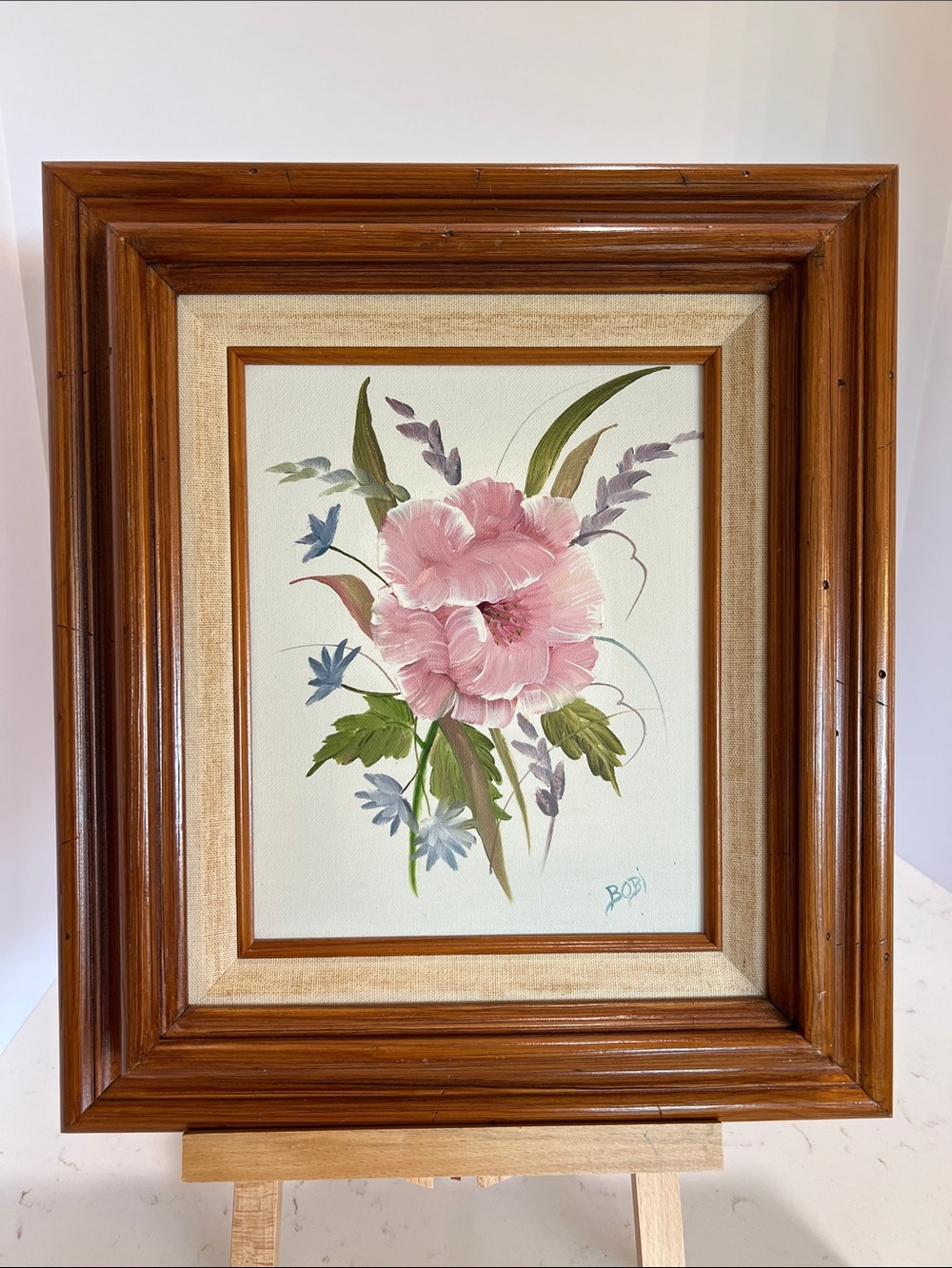 Vintage Hand Painted Floral Painting on Canvas Signed Wood Frame